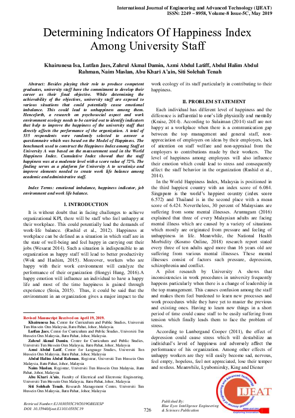 (PDF) Determining Indicators Of Happiness Index Among University Staff Khairunesa Isa