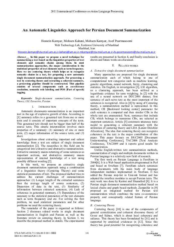 (PDF) An Automatic Linguistics Approach for Persian Document Summarization