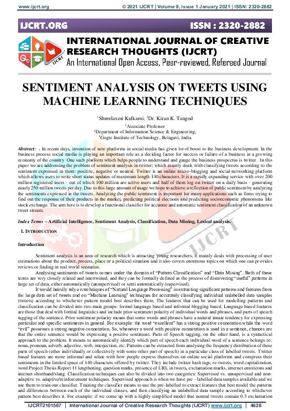 (PDF) Sentiment Analysis on Tweets Using Machine Learning Techniques