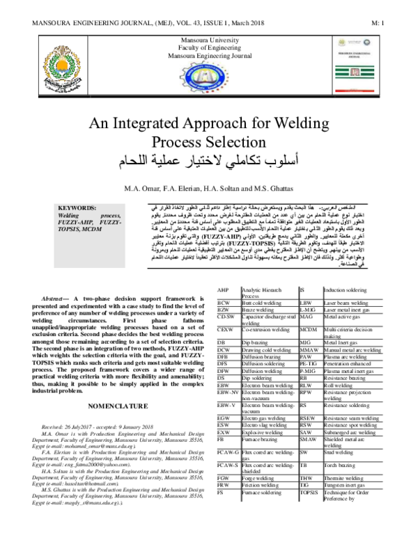 (PDF) An Integrated Approach for Welding Process Selection sastri dwi