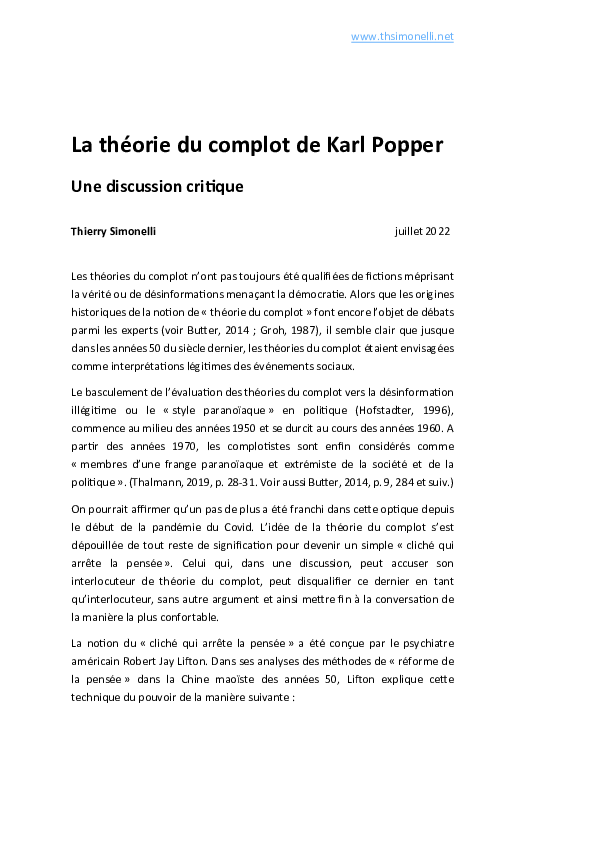 (PDF) La théorie du complot de Karl Popper. Une discussion critique