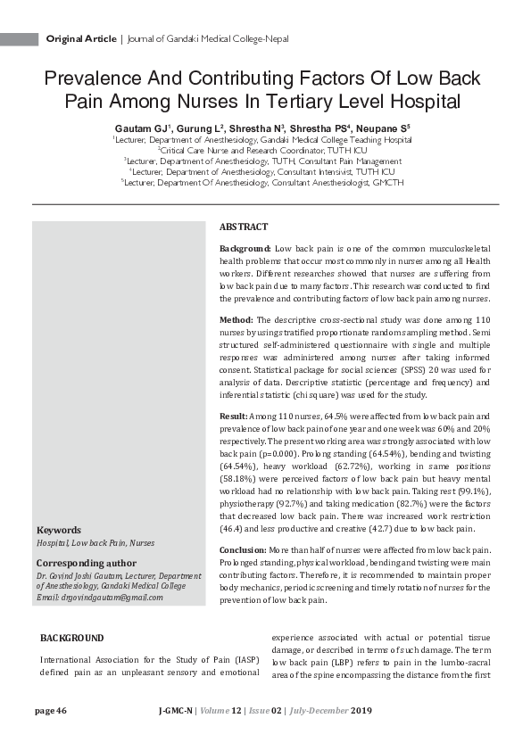 (PDF) Prevalence and Contributing Factors of Low Back Pain among Nurses ...