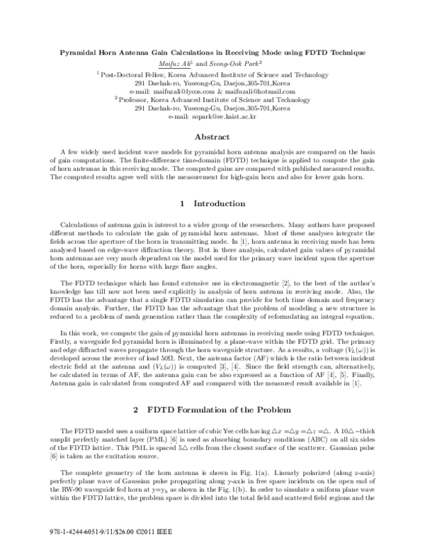 (PDF) Pyramidal horn antenna gain calculations in receiving mode using