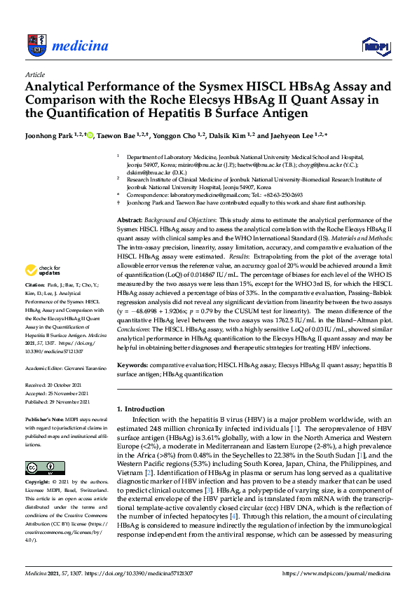 (PDF) Analytical Performance of the Sysmex HISCL HBsAg Assay and ...