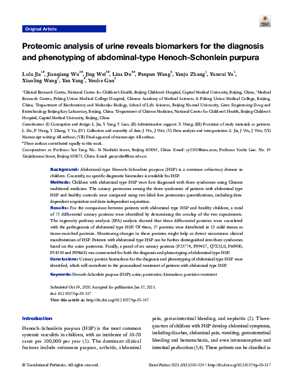 (PDF) Proteomic analysis of urine reveals biomarkers for the diagnosis ...