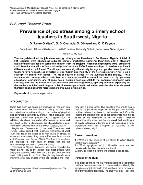(PDF) Prevalence of job stress among primary school teachers in South ...