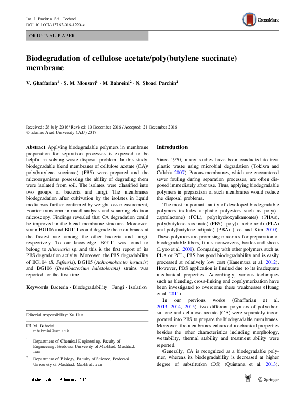 (PDF) Biodegradation of cellulose acetate/poly(butylene succinate) membrane