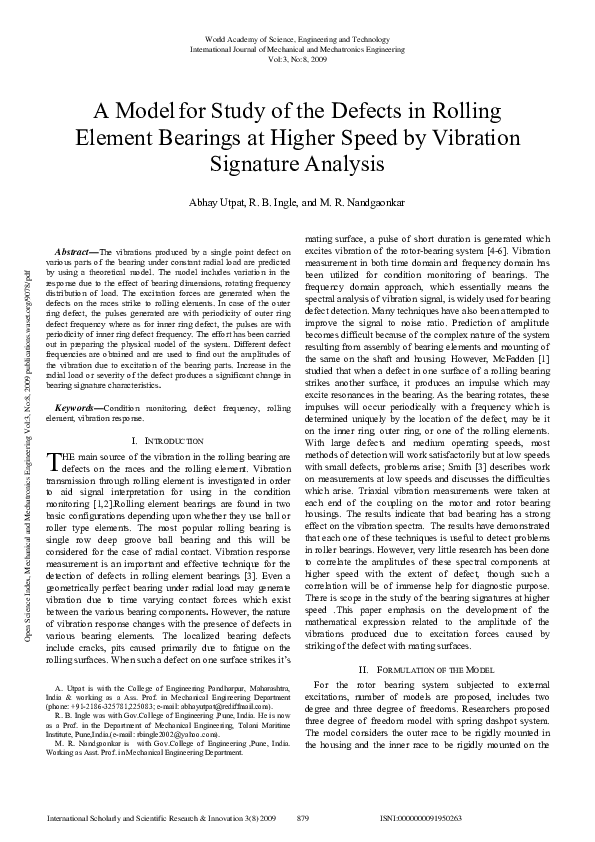 (PDF) A Model for Study of the Defects in Rolling Element Bearings at ...