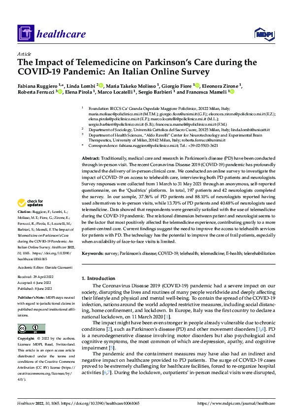 (PDF) The Impact of Telemedicine on Parkinson’s Care during the COVID ...