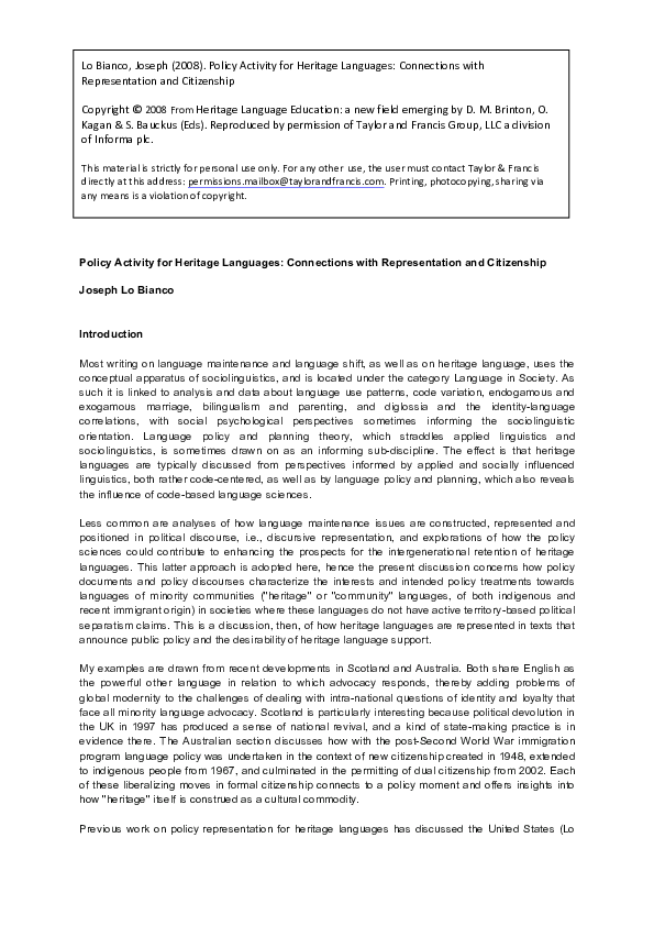 (PDF) Policy Activity for Heritage Languages