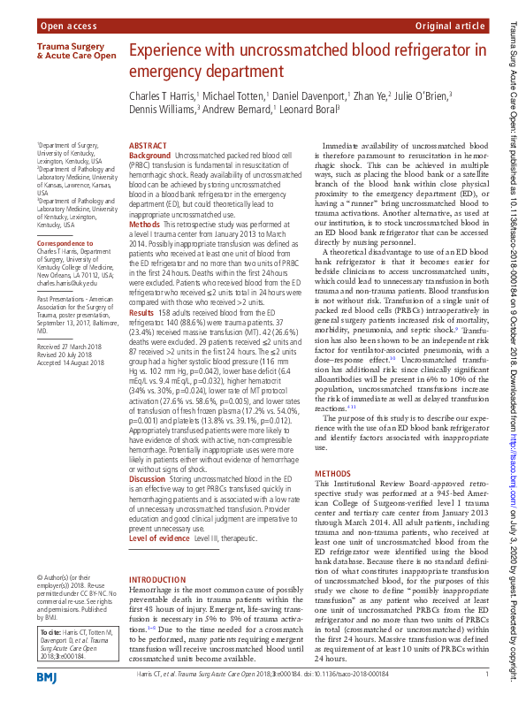 (PDF) Experience with uncrossmatched blood refrigerator in emergency ...