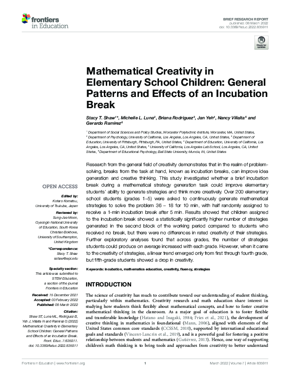 (PDF) Mathematical Creativity in Elementary School Children: General ...