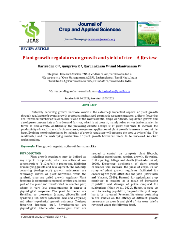 (PDF) Plant growth regulators on growth and yield of rice – A Review