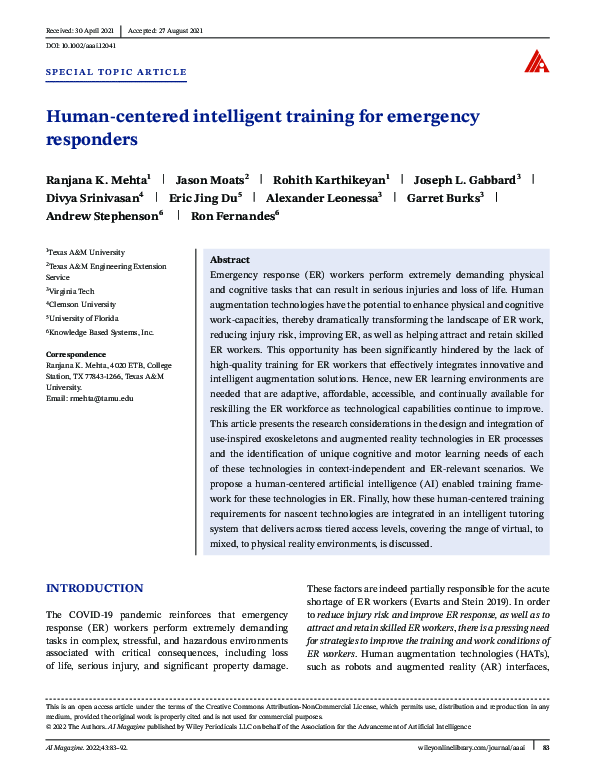 (PDF) Human-Centered Intelligent Training for Emergency Responders