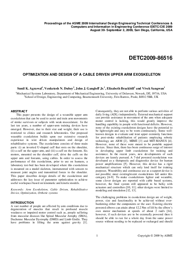 (PDF) Optimization and Design of a Cable Driven Upper Arm Exoskeleton