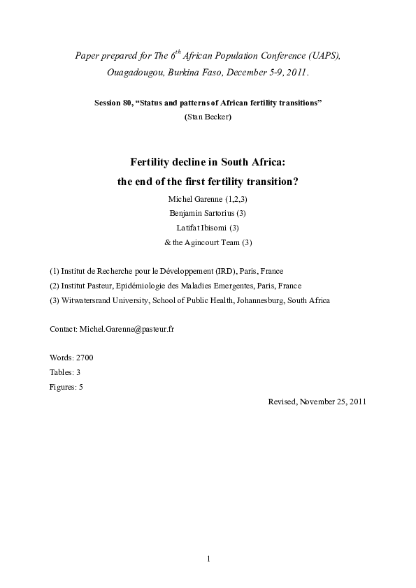 (PDF) Fertility decline in South Africa: the end of the first fertility ...
