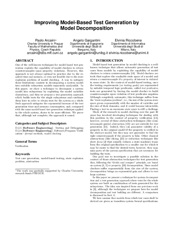 (PDF) Improving model-based test generation by model decomposition