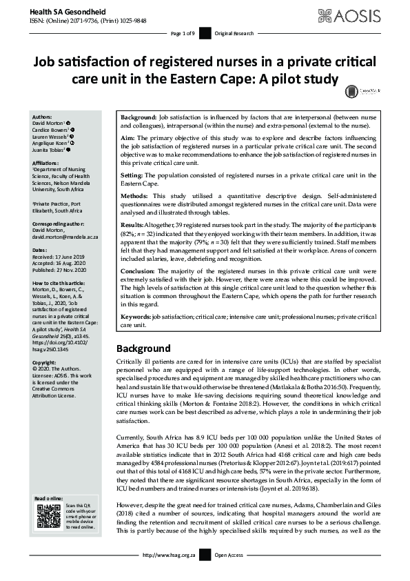 (PDF) Job satisfaction of registered nurses in a private critical care ...