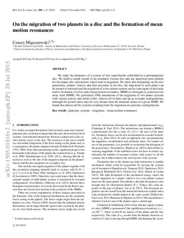 (PDF) On the migration of two planets in a disc and the formation of ...