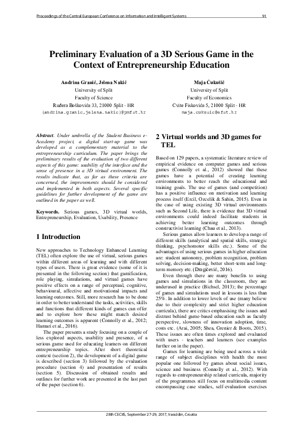 (PDF) Preliminary Evaluation of a 3D Serious Game in the Context of ...