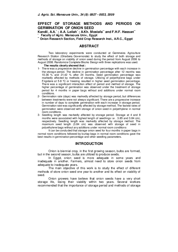 (PDF) Effect of Storage Methods and Periods on Germination of Onion Seed