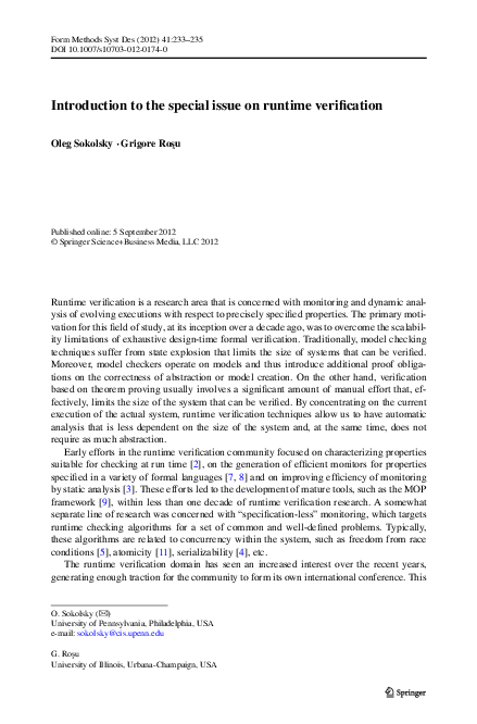 (PDF) Introduction to the special issue on runtime verification