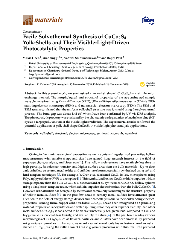 (PDF) Facile Solvothermal Synthesis of CuCo2S4 Yolk-Shells and Their ...