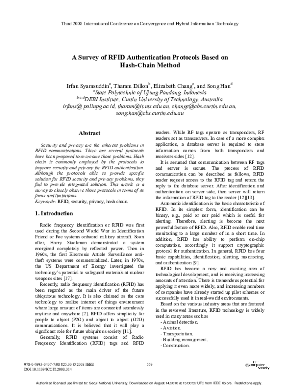 (PDF) A Survey of RFID Authentication Protocols Based on Hash-Chain Method
