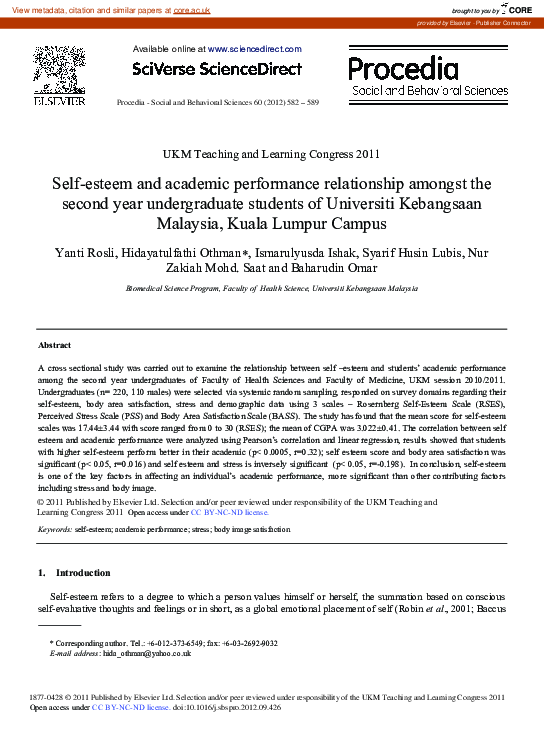 (PDF) Self-esteem and Academic Performance Relationship Amongst the ...