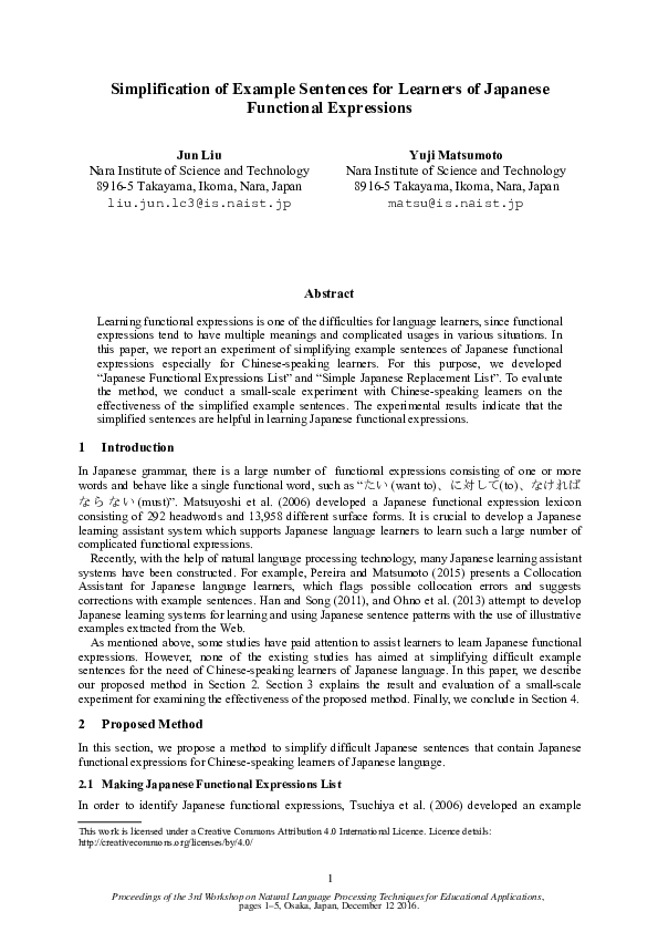 (PDF) Simplification of Example Sentences for Learners of Japanese ...
