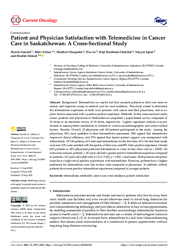 (PDF) Patient and Physician Satisfaction with Telemedicine in Cancer ...