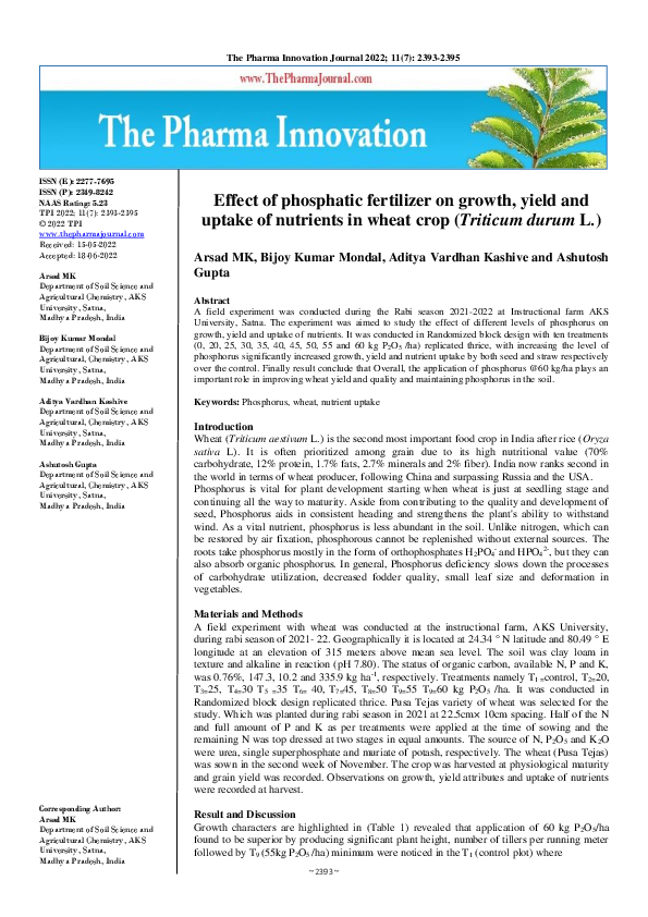 (PDF) Effect of phosphatic fertilizer on growth, yield and uptake of ...