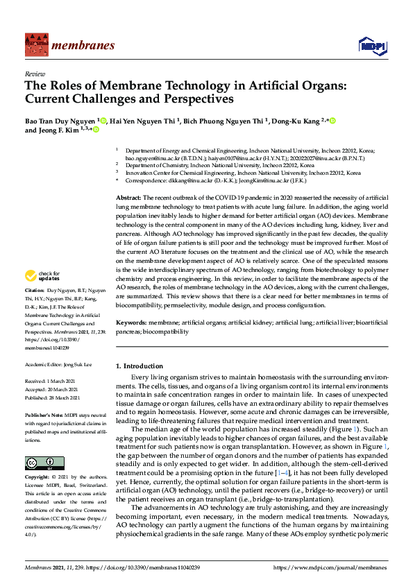 (PDF) The Roles of Membrane Technology in Artificial Organs: Current ...