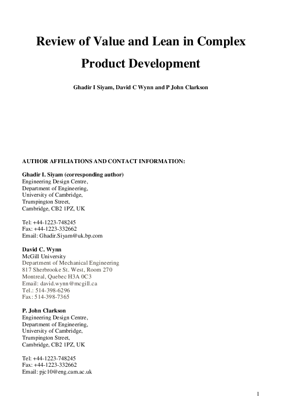 (PDF) Review of Value and Lean in Complex Product Development