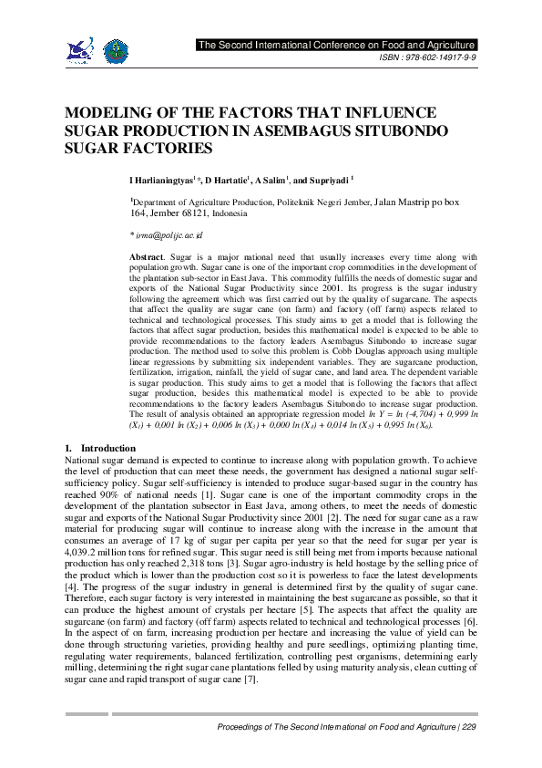 (PDF) Modeling of the Factors That Influence Sugar Production in