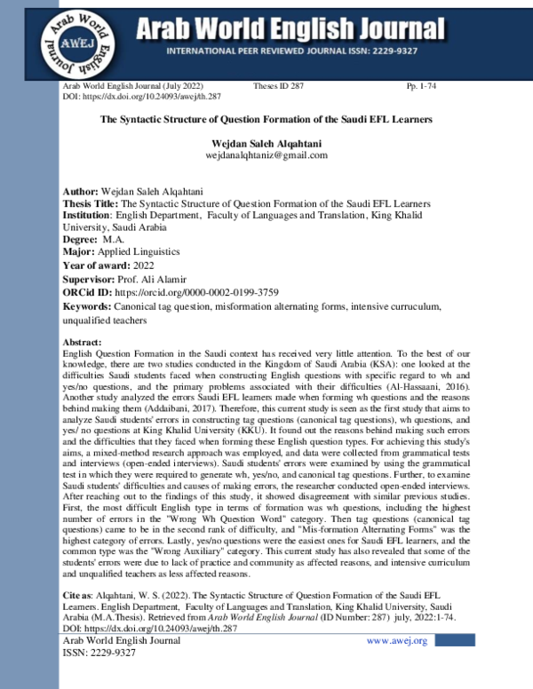 (PDF) The Syntactic Structure of Question Formation of the Saudi EFL ...