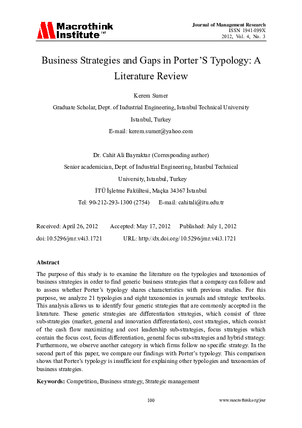 (PDF) Business Strategies and Gaps in Porter's Typology: A Literature ...