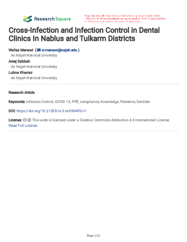 (PDF) CrossInfection and Infection Control in Dental Clinics In Nablus