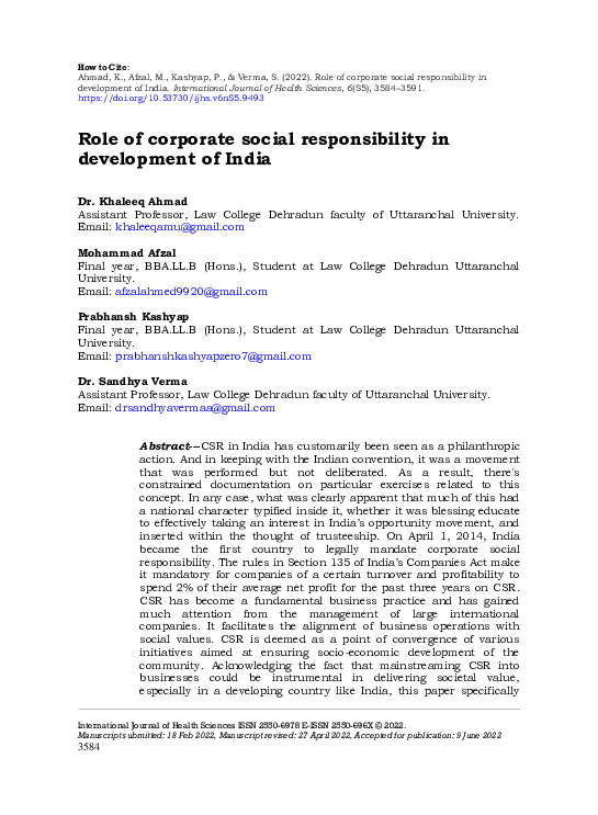 (PDF) Role of corporate social responsibility in development of India