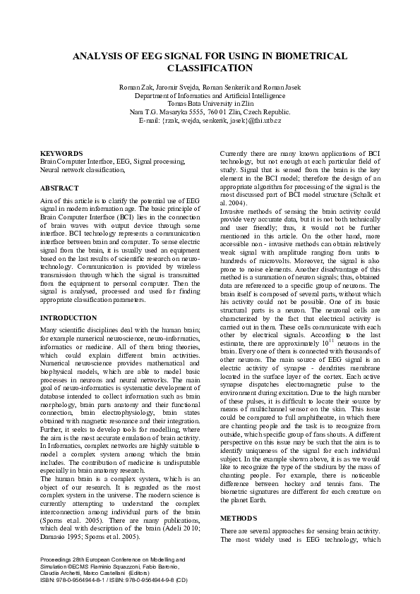 (PDF) Analysis Of EEG Signal For Using In Biometrical Classification