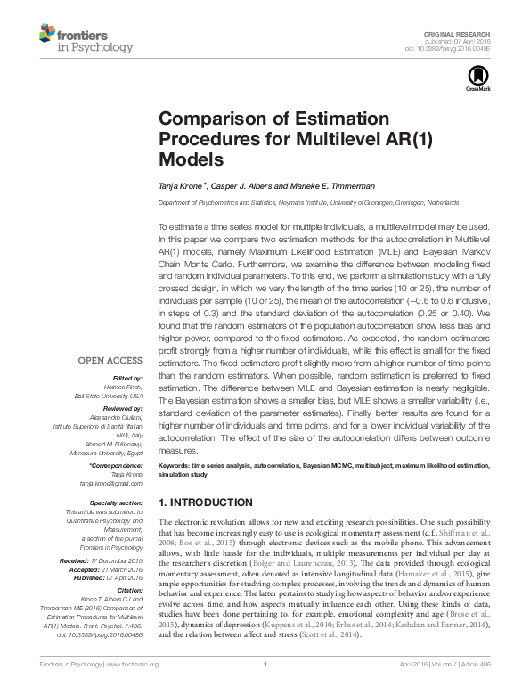 (PDF) Comparison of Estimation Procedures for Multilevel AR(1) Models