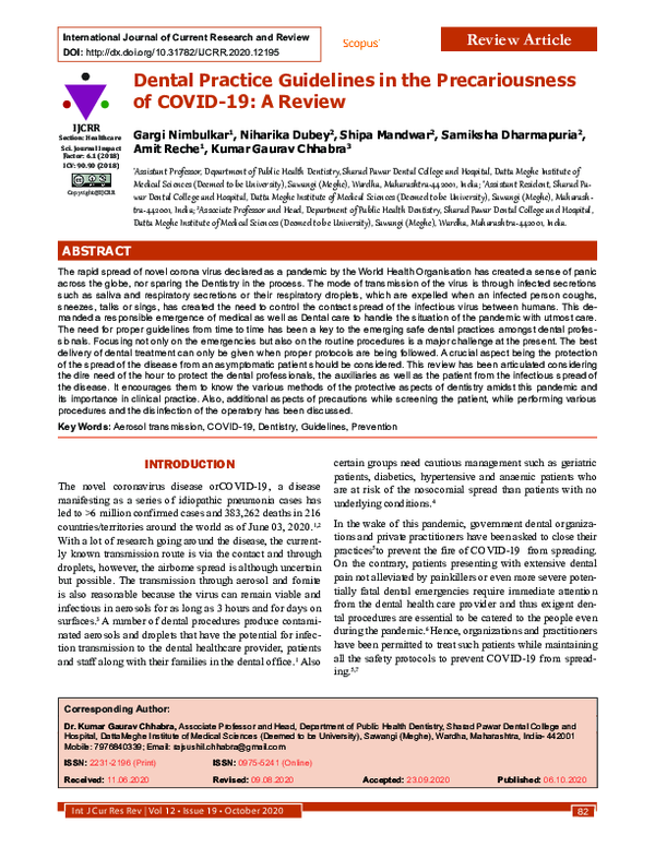 (PDF) Dental Practice Guidelines in the Precariousness of COVID19 A