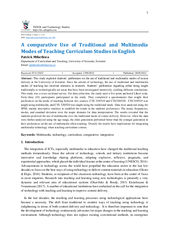 (PDF) A comparative Use of Traditional and Multimedia Modes of Teaching ...