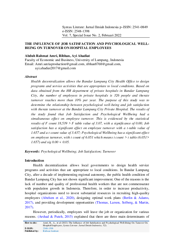 (PDF) The Influence of Job Satisfaction and Psychological Well-Being On ...