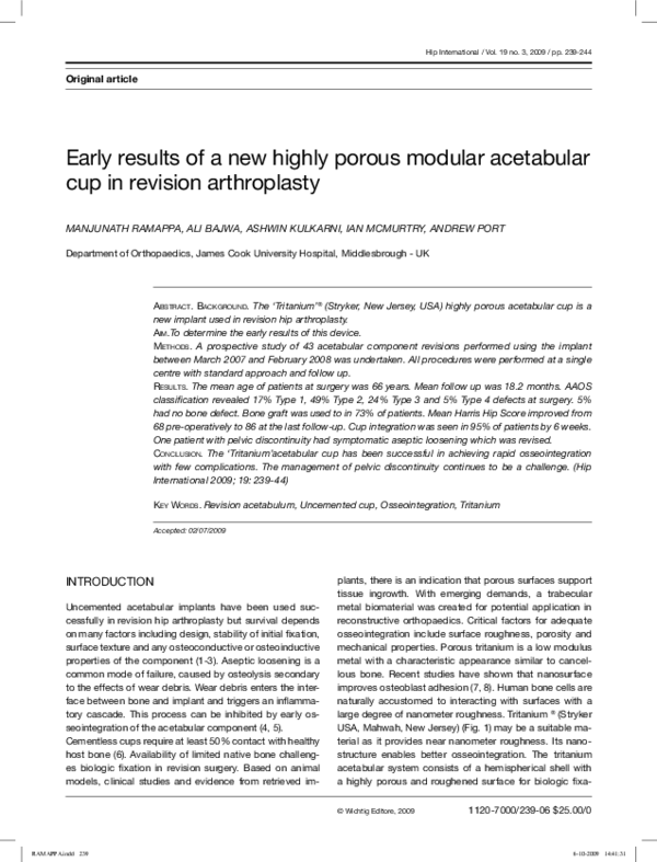 (PDF) Early Results of a New Highly Porous Modular Acetabular Cup in ...
