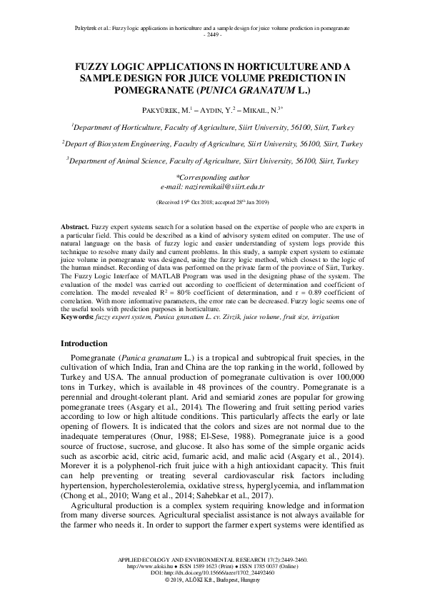 (PDF) Fuzzy Logic Applications in Horticulture and a Sample Design for ...