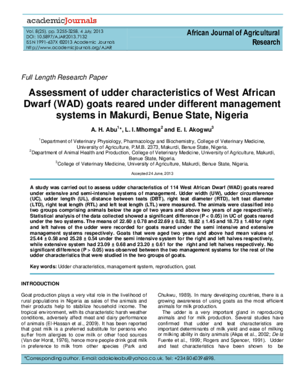(PDF) Assessment of udder characteristics of West African Dwarf (WAD ...