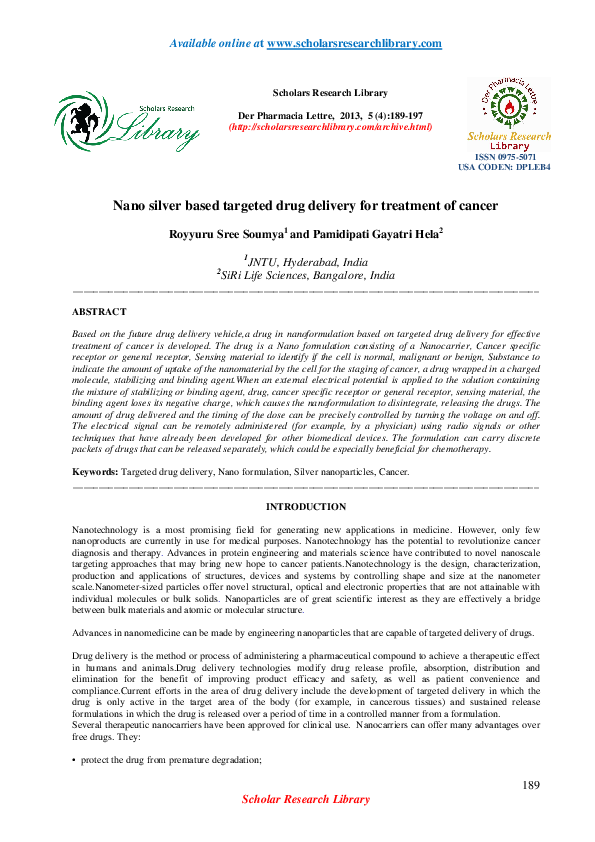 (PDF) Nano silver based targeted drug delivery for treatment of cancer