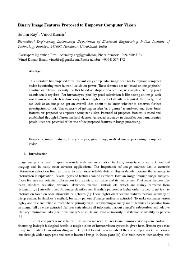 (PDF) Binary Image Features Proposed to Empower Computer Vision