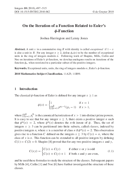 (PDF) On the Iteration of a Function Related to Euler's φ-Function